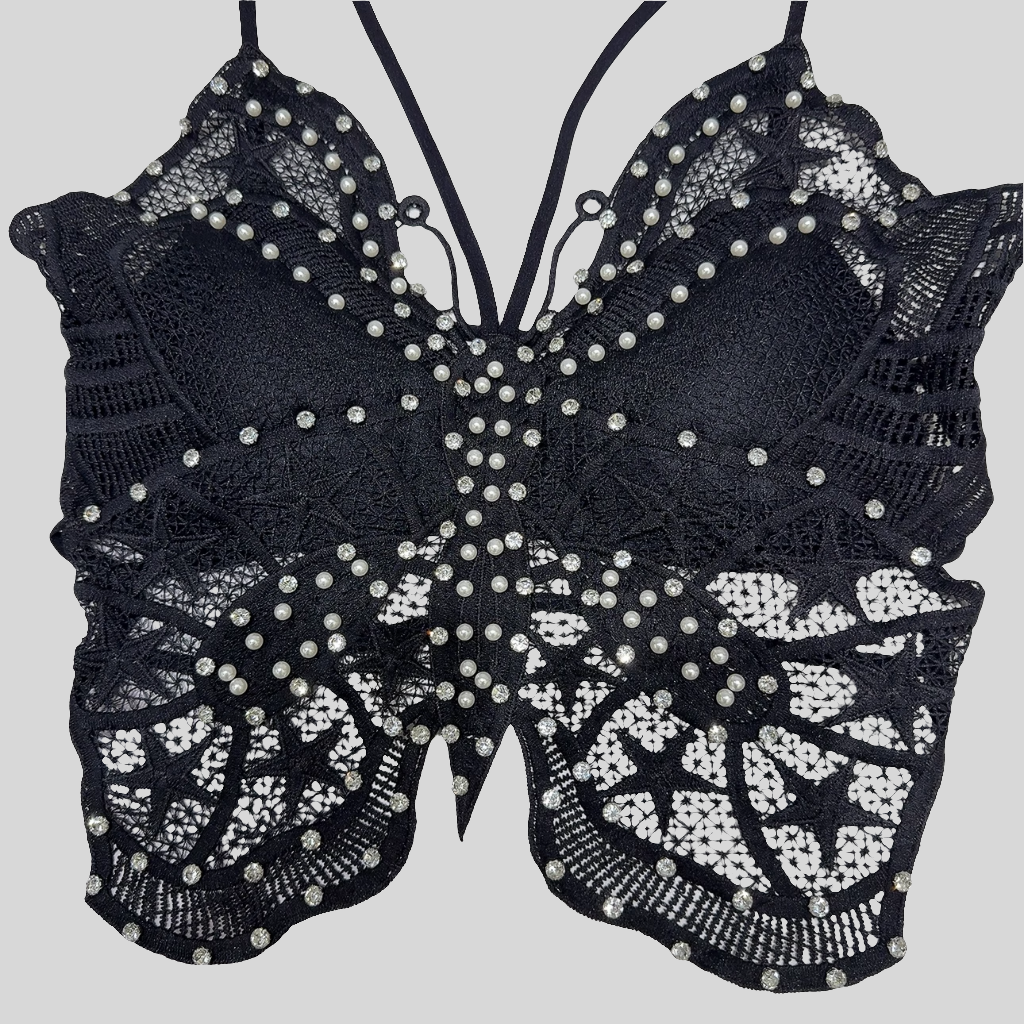 Noir Papillon Embellished Lace Corset Top - Aurisélla London
