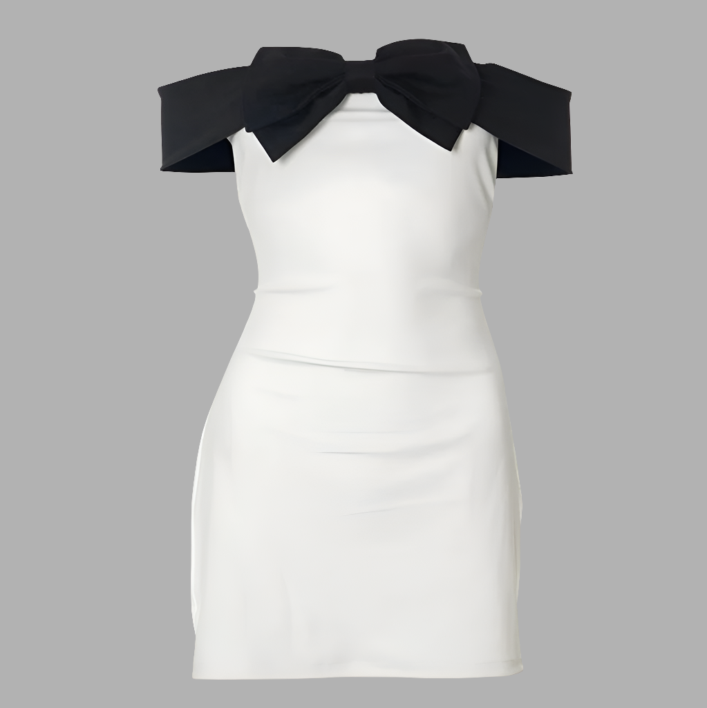 Black Bow Off - Shoulder White Mini Pocket Dress - Aurisélla London