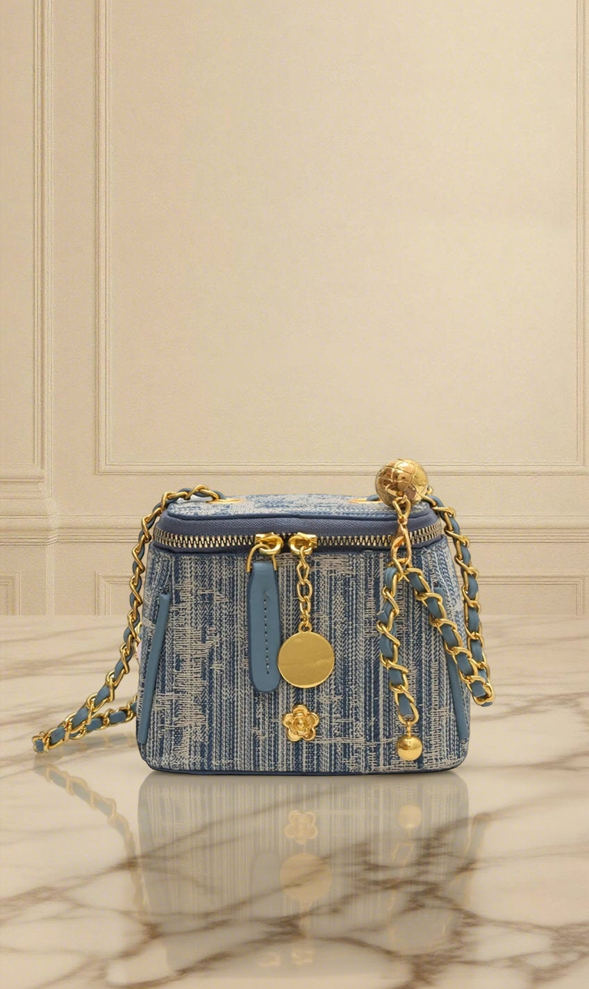 Denim Charm Box Bag with Gold Chain Strap - Aurisélla London