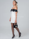 Black Bow Off - Shoulder White Mini Pocket Dress - Aurisélla London