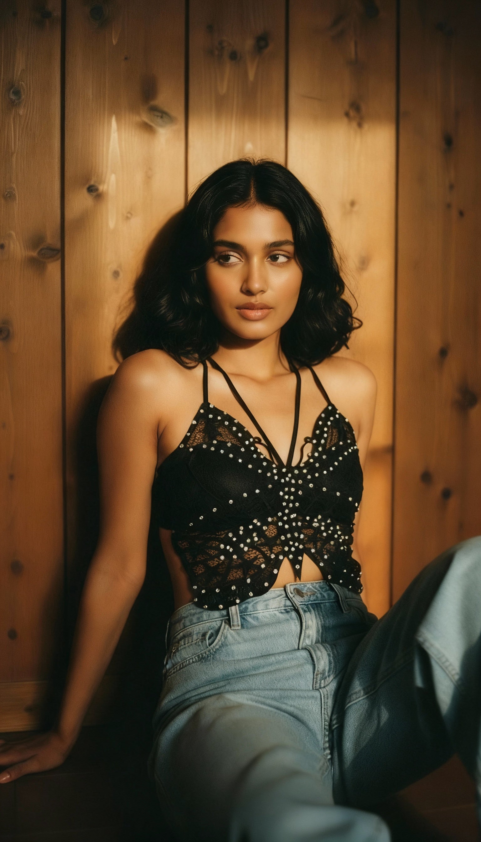 Noir Papillon Embellished Lace Corset Top