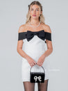 Black Bow Off - Shoulder White Mini Pocket Dress - Aurisélla London