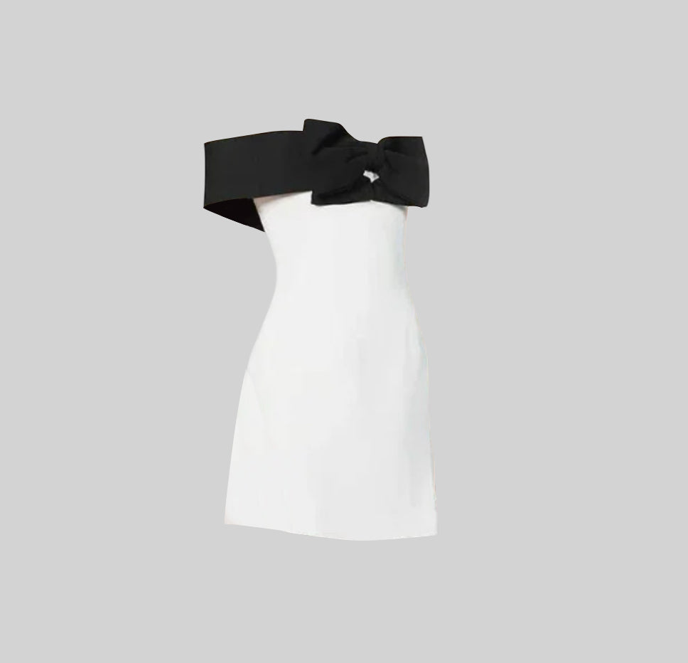 Black Bow Off - Shoulder White Mini Pocket Dress - Aurisélla London