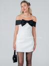 Black Bow Off - Shoulder White Mini Pocket Dress - Aurisélla London
