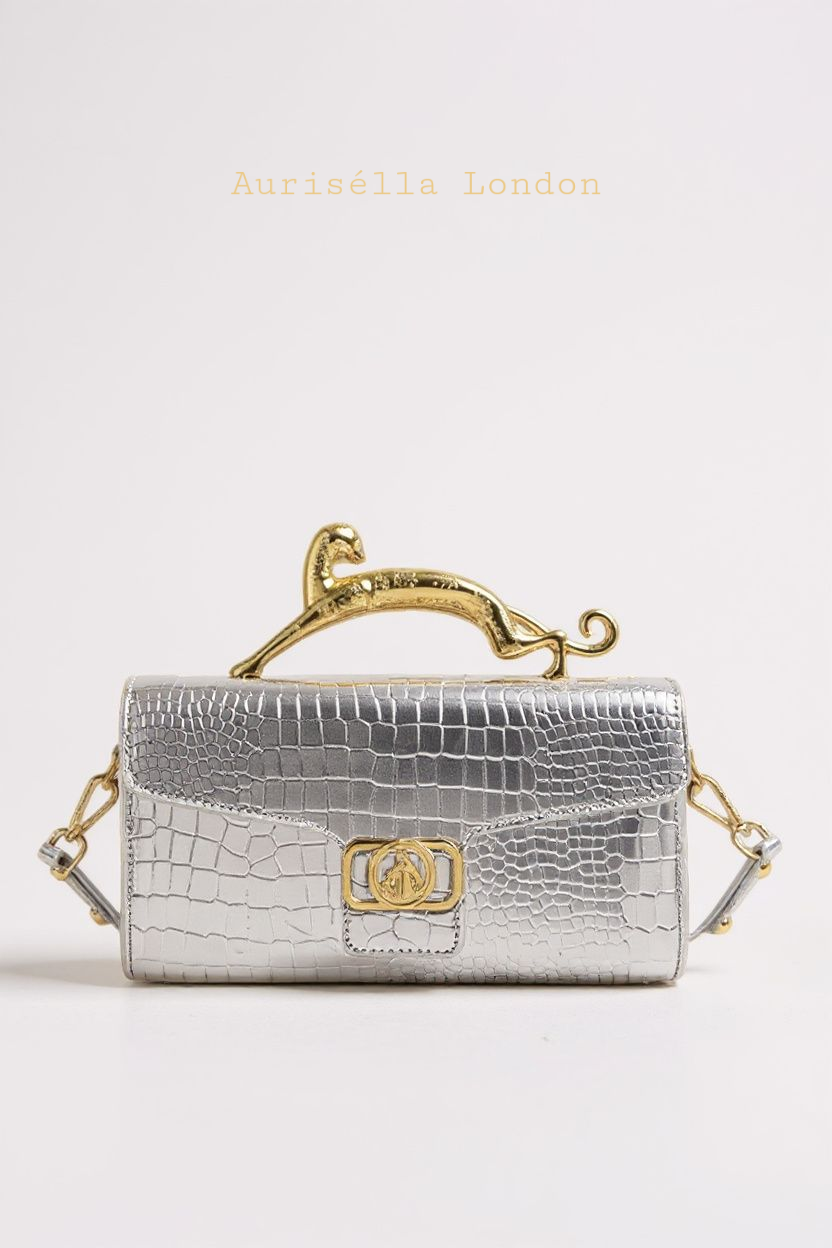 Metallic Panther Croc-Embossed Clutch - Aurisélla London