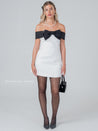 Black Bow Off - Shoulder White Mini Pocket Dress - Aurisélla London