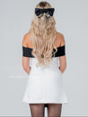 Black Bow Off - Shoulder White Mini Pocket Dress - Aurisélla London