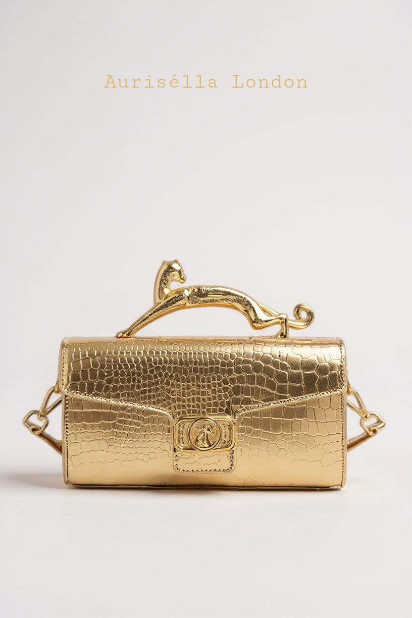 Gold Panther Croc-Embossed Handbag - Aurisélla London